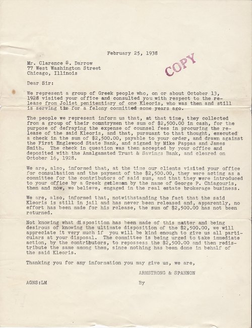 A. George Spannon to Clarence Darrow, February 25, 1938