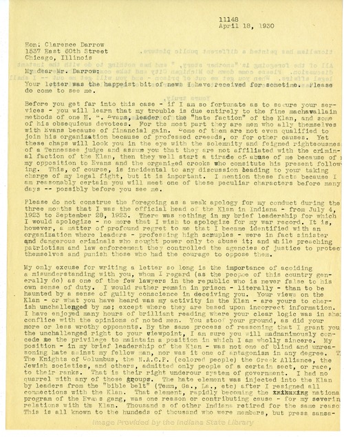 D. C. Stephenson to Clarence Darrow, April 18, 1930, page one