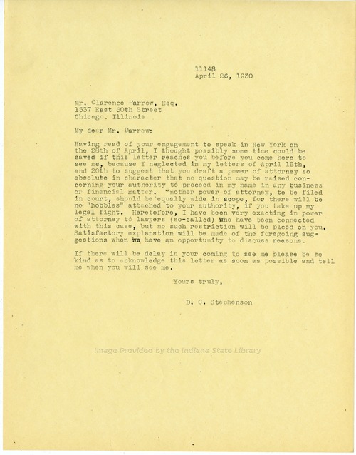 D. C. Stephenson to Clarence Darrow, April 26, 1930