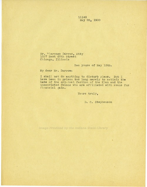 D. C. Stephenson to Clarence Darrow, May 20, 1930