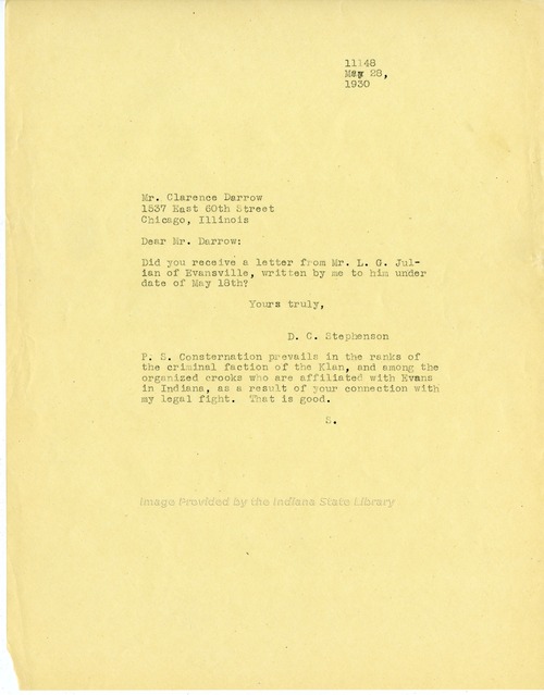 D. C. Stephenson to Clarence Darrow, May 28, 1930