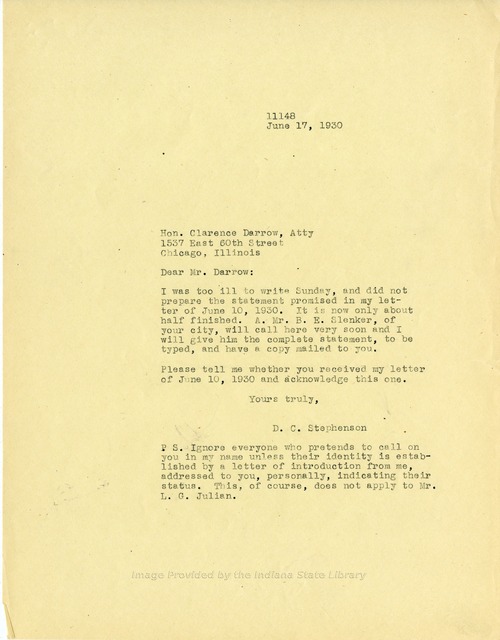 D. C. Stephenson to Clarence Darrow, June 17, 1930