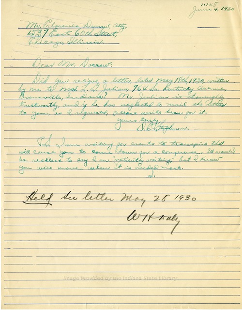 D. C. Stephenson to Clarence Darrow, June 4, 1930