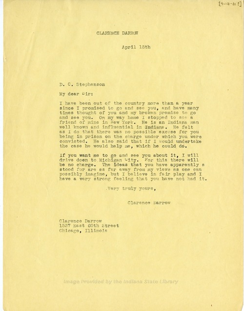 Clarence Darrow to D. C. Stephenson, April 14, 1931