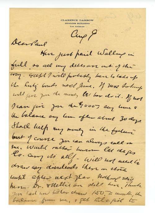 Clarence Darrow to Paul Darrow, August 9, 1911, page one