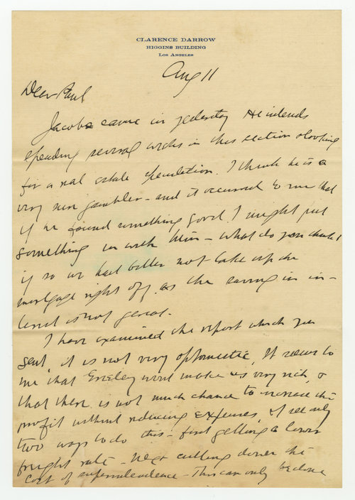 Clarence Darrow to Paul Darrow, August 11, 1911, page one