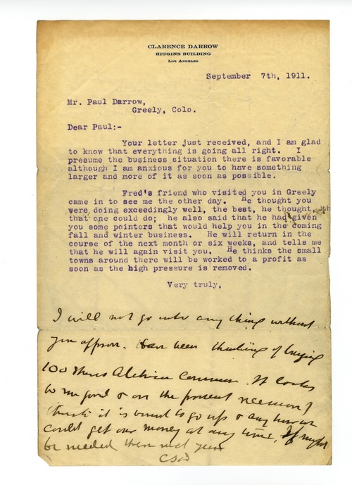 Clarence Darrow to Paul Darrow, September 7, 1911