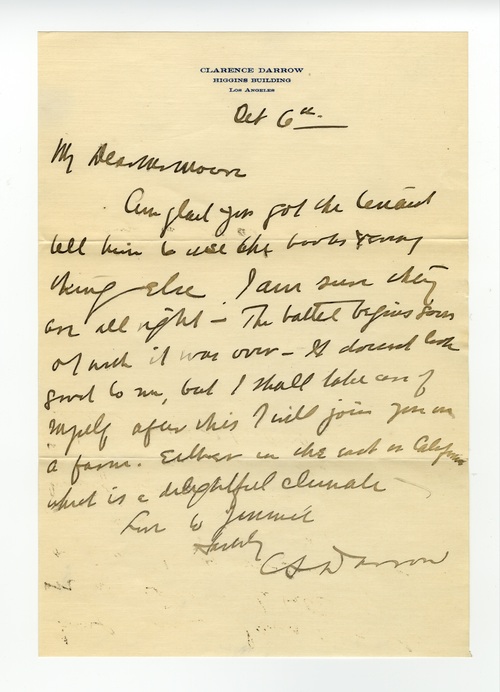 Clarence Darrow to J. Howard Moore, November 6, 1911