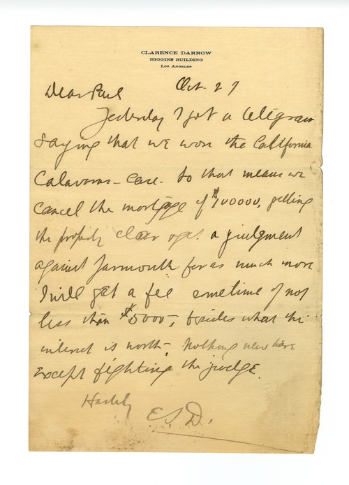Clarence Darrow to Paul Darrow, October 27, 1911