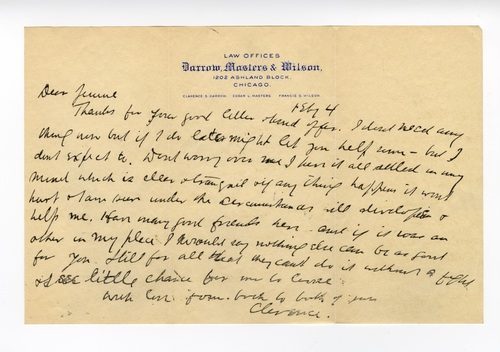 Clarence Darrow to Jennie Darrow Moore, February 4, 1912, page one
