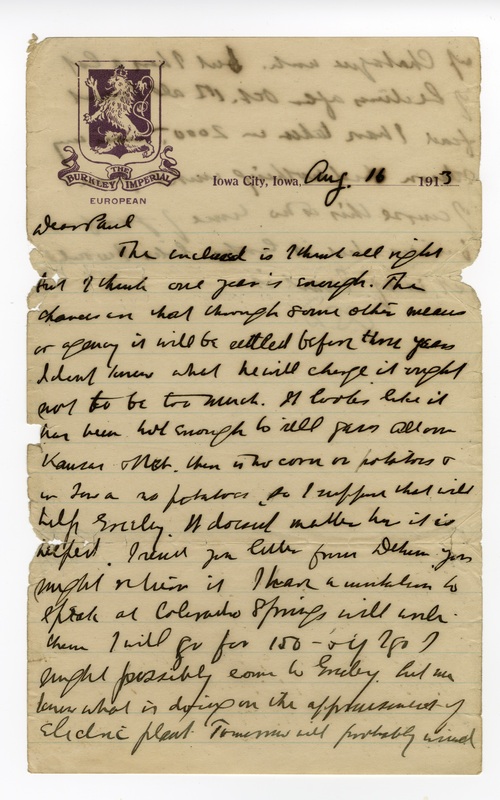 Clarence Darrow to Paul Darrow, August 16, 1913, page one