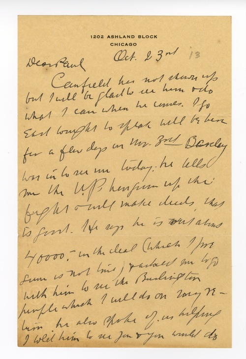Clarence Darrow to Paul Darrow, October 23, 1913, page one