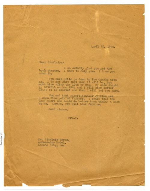 Clarence Darrow to Sinclair Lewis, April 15, 1926