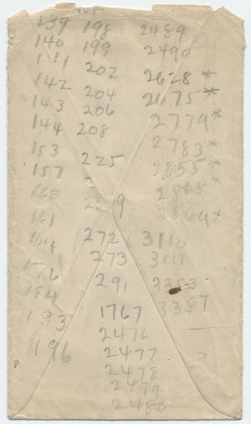 Clarence Darrow to Nathan Leopold, September 22, 1924, envelope, back, numerical table
