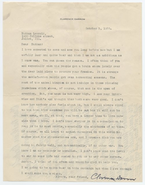 Clarence Darrow to Nathan Leopold, October 3, 1928