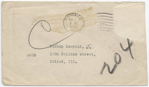 Clarence Darrow to Nathan Leopold, October 3, 1928, envelope
