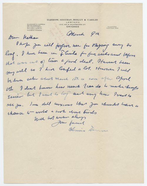 Clarence Darrow to Nathan Leopold, March 9, ????