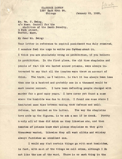 Clarence Darrow to William Ewing, January 23, 1928, page one
