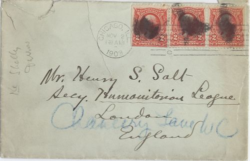 J. Howard Moore to Henry Salt, November 1, 1903, envelope front