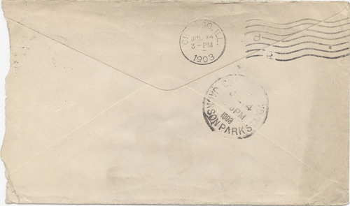 Mary Elizabeth Darrow to Jennie Darrow Moore, July 13, 1903, envelope back