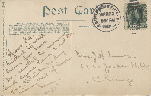 Mary Elizabeth Darrow to Jennie Darrow Moore, April 22, ????, postcard back