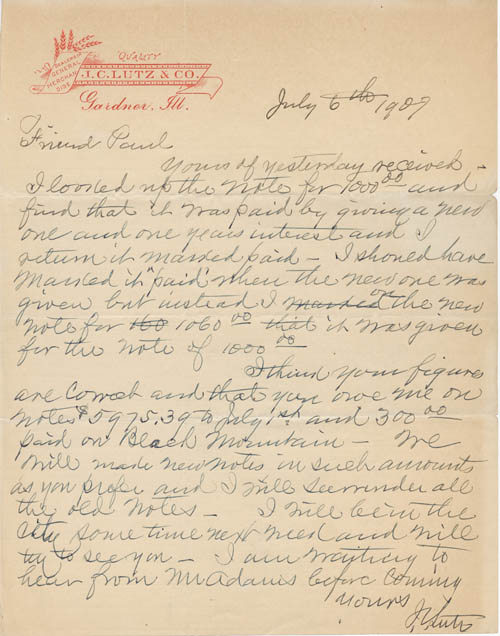 Jacob C. Lutz to Paul Darrow, July 6, 1907