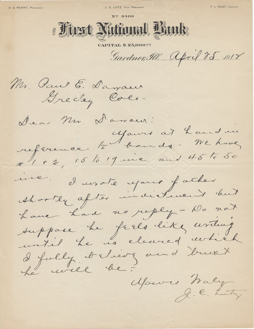 Jacob C. Lutz to Paul Darrow, April 25, 1912