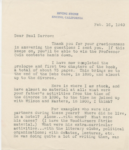 Irving Stone to Paul Darrow, February 16, 1940, page one