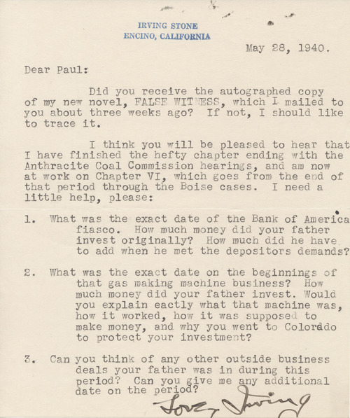 Irving Stone to Paul Darrow, May 28, 1940