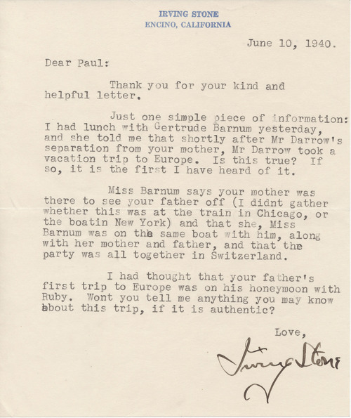 Irving Stone to Paul Darrow, June 10, 1940