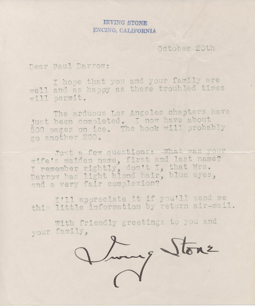 Irving Stone to Paul Darrow, October 20, 1940