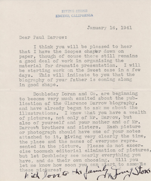 Irving Stone to Paul Darrow, January 16, 1941