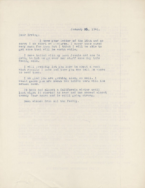 Paul Darrow to Irving Stone, January 26, 1941, page one