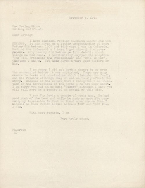 Paul Darrow to Irving Stone, November 4, 1941