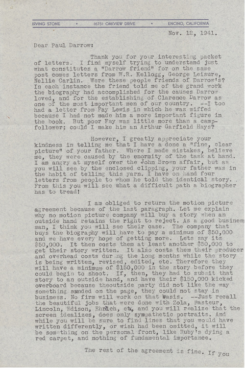 Irving Stone to Paul Darrow, November 12, 1941, page one