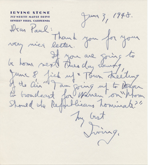Irving Stone to Paul Darrow, June 3, 1948