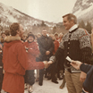 Vice President Mondale visiting with local residents during a foreign trip to Norway
