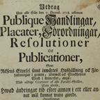 title page showing Publique Handlingar, Placater, Förordningar, Resolutioner Ock Publicationer