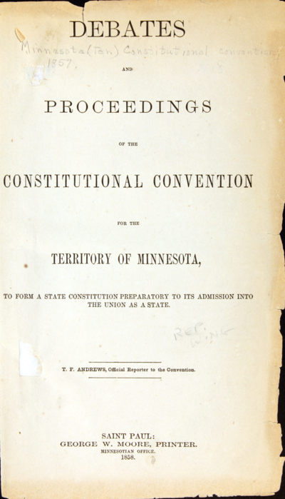 Title page of 'Debates and Proceedings of the Constitutional Convention for the Territory of Minnesota. 1858